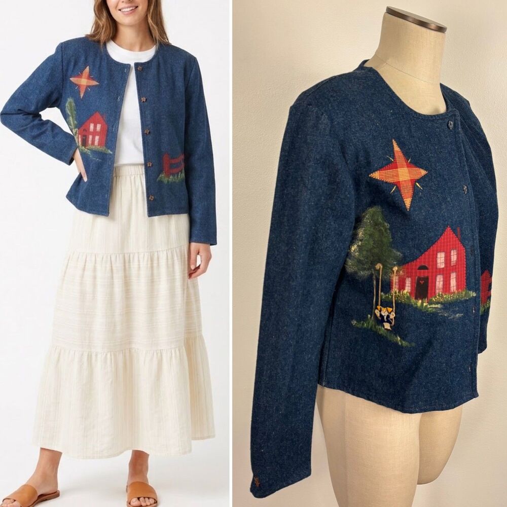 Vintage Denim Patchwork Jacket Country House Barn Swing Star Buttons Blue Sz M/L
